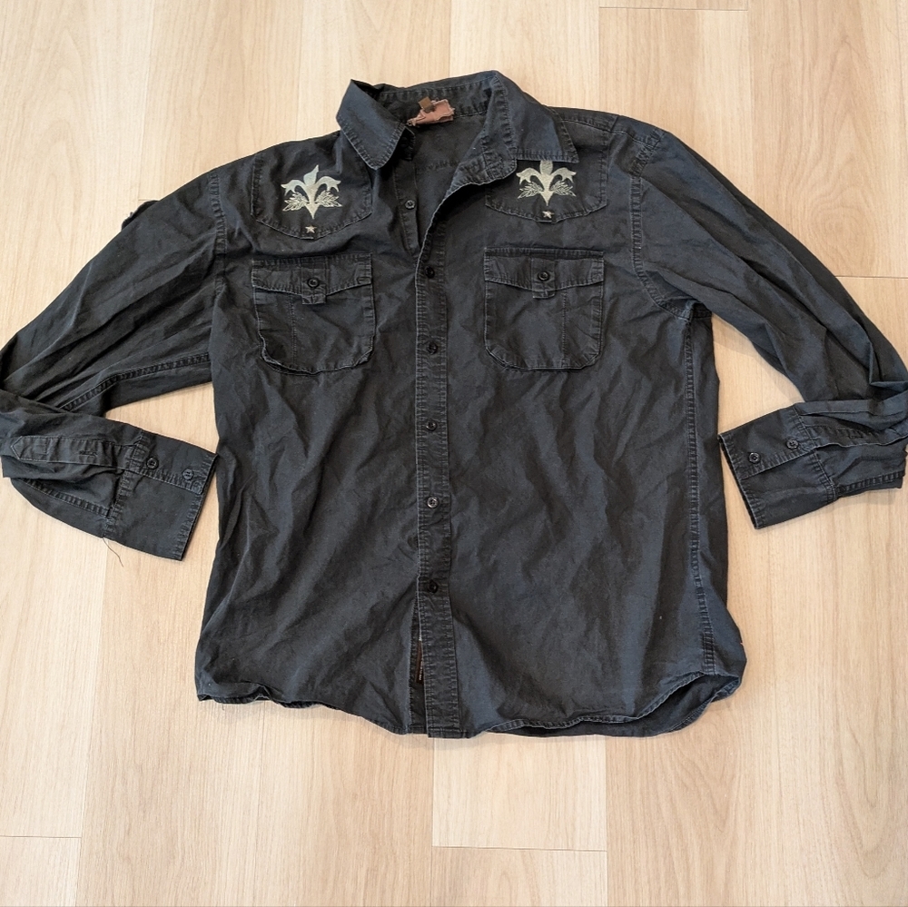 Roar Black Long Sleeve Button Up With Patches Size XL